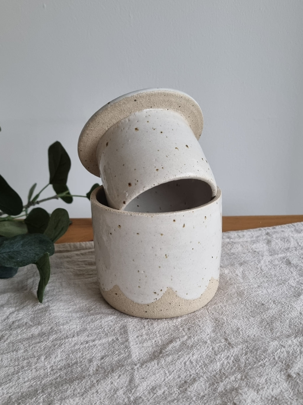Ceramic French Butter Dish in White Speckle