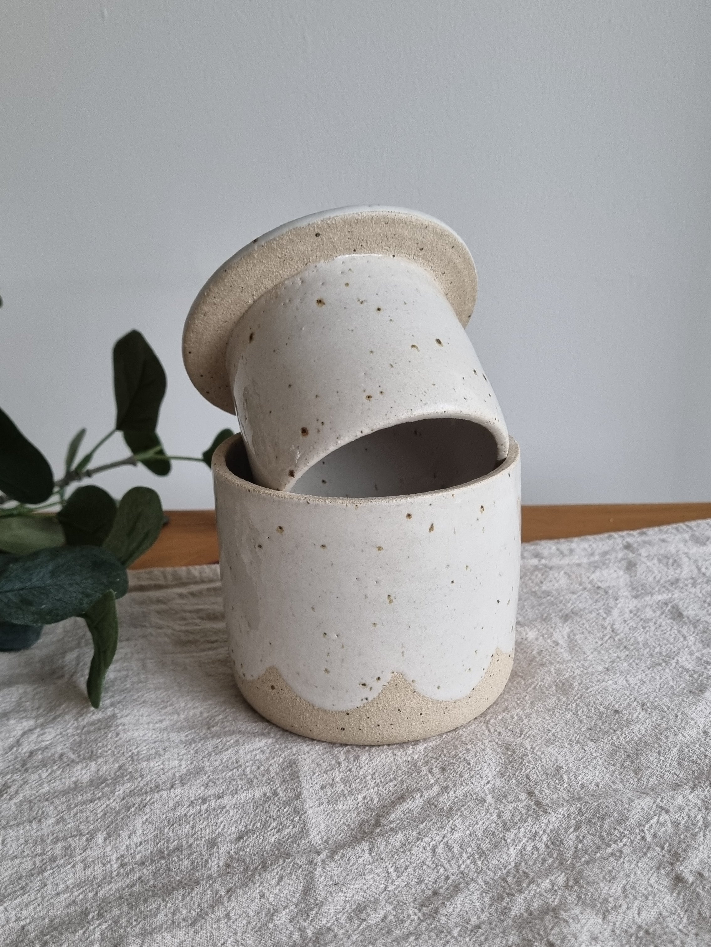 Ceramic French Butter Dish in White Speckle