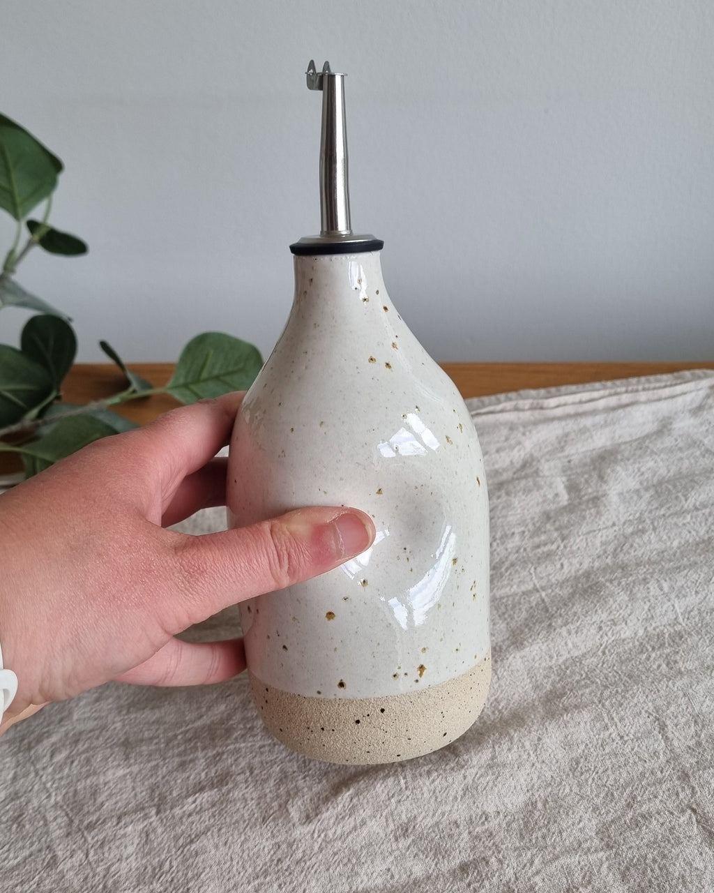 Handmade Ceramic Oil Bottle in White Speckle