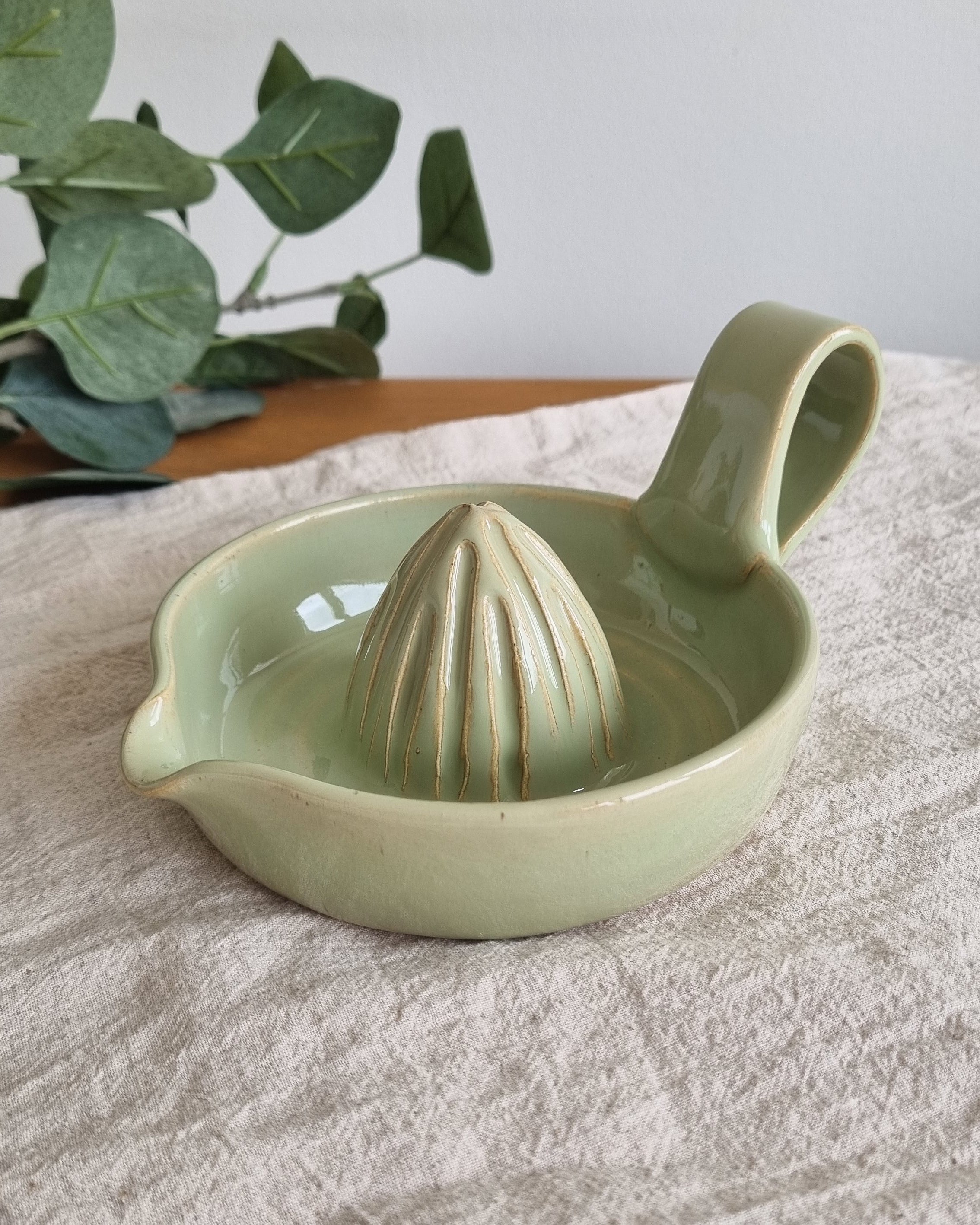 Handmade Ceramic Citrus Juicer with Handle in Pastel Green