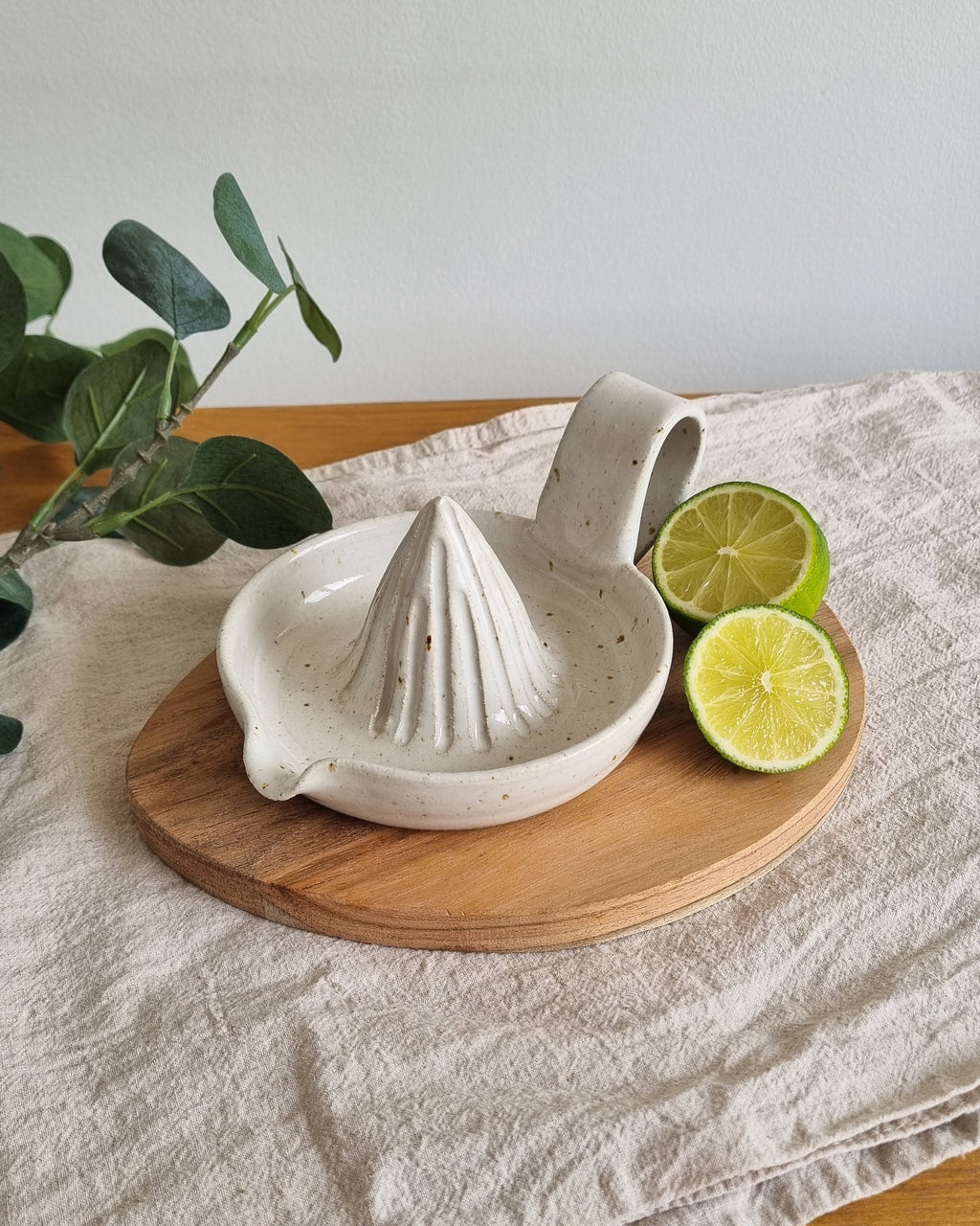Handmade Ceramic Citrus Juicer with Handle in White Speckle