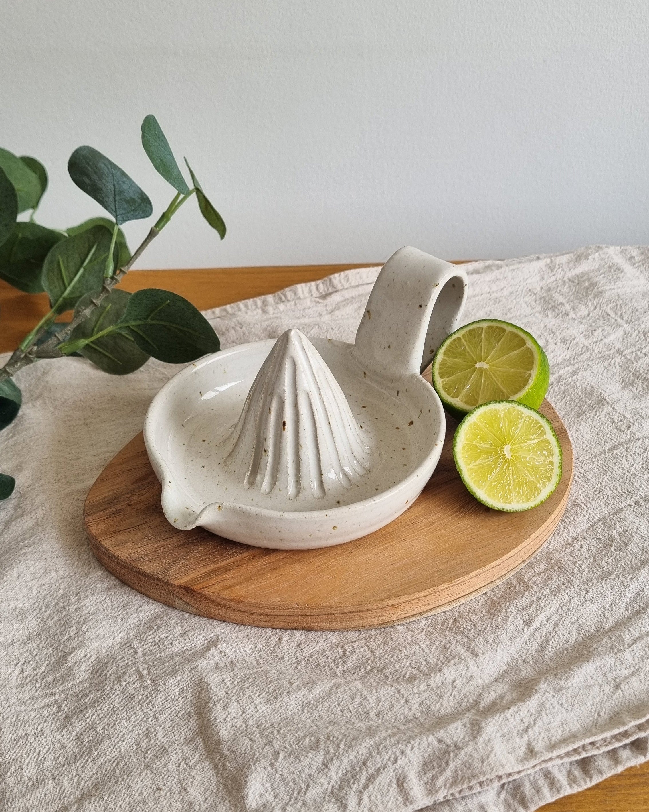 Handmade Ceramic Citrus Juicer with Handle in White Speckle