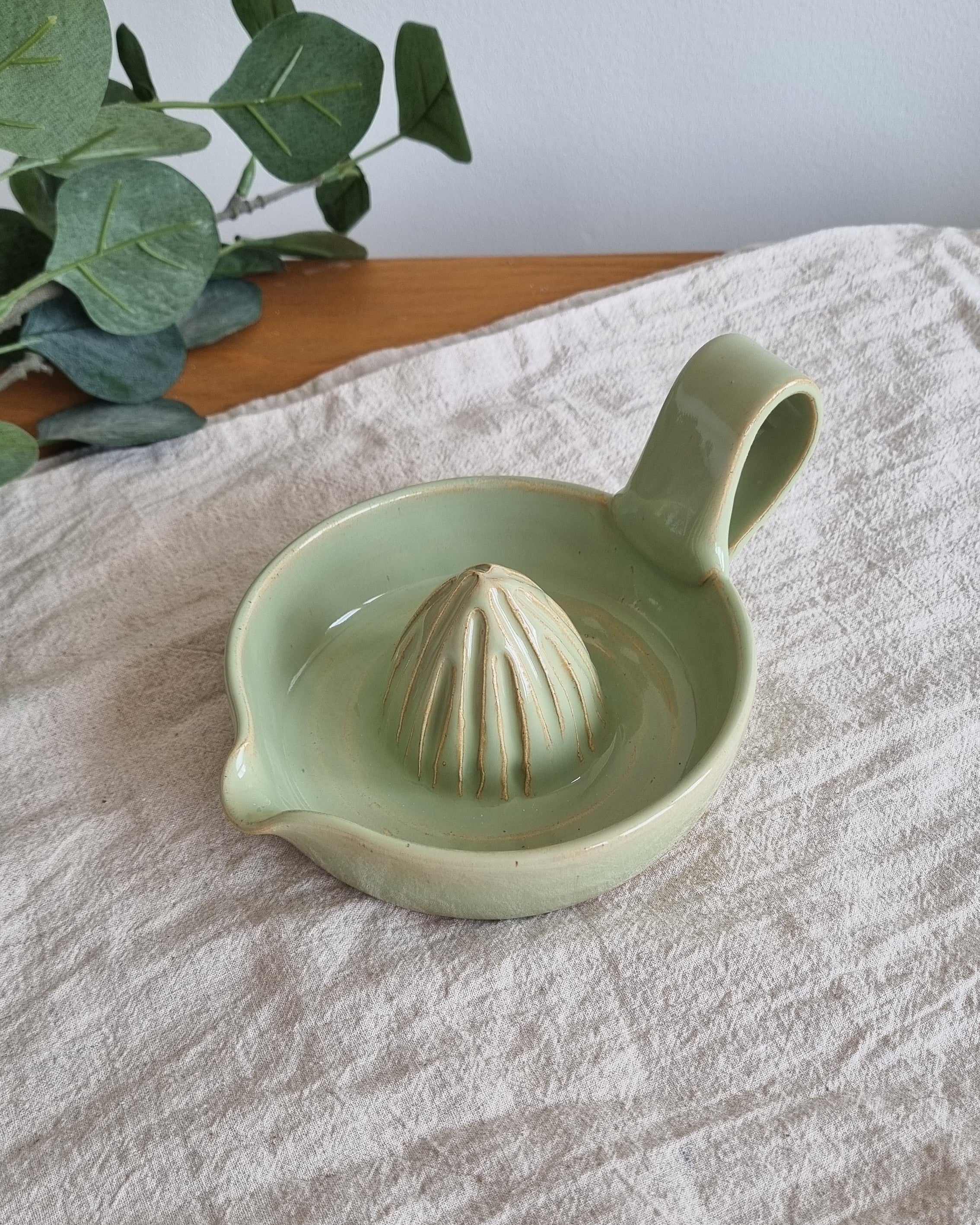 Handmade Ceramic Citrus Juicer with Handle in Pastel Green
