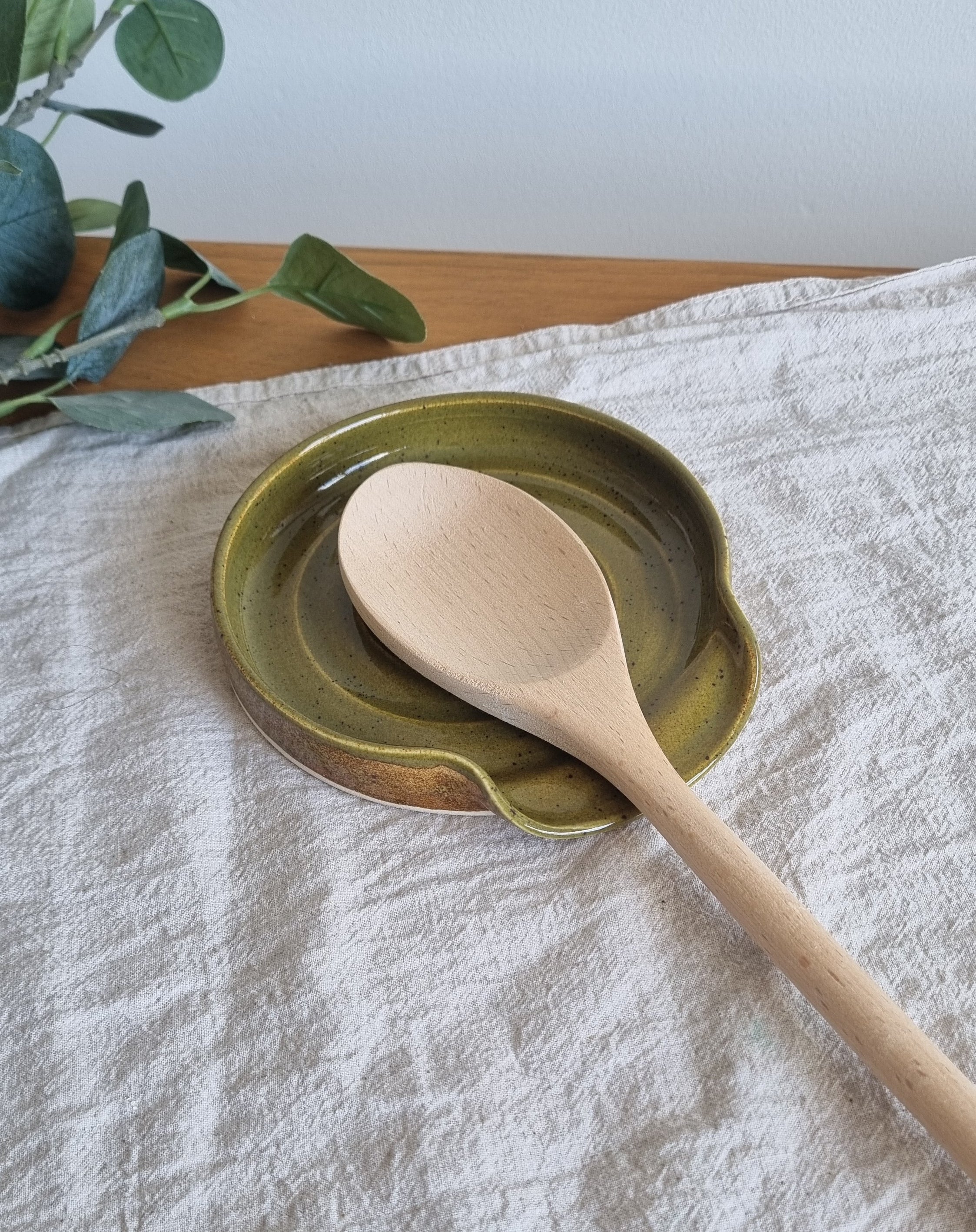 Olive Green Speckled Handmade Ceramic Spoon Rest
