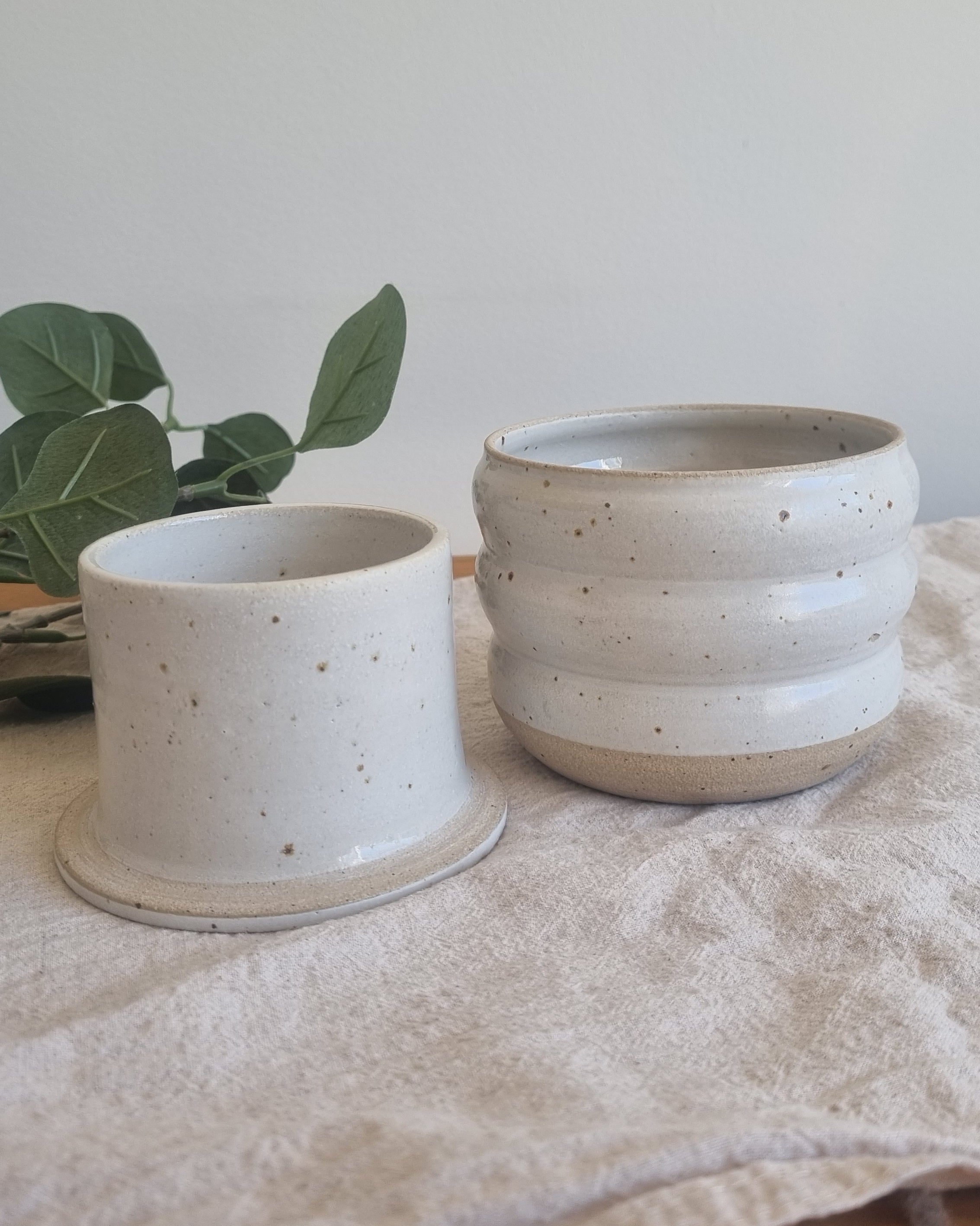 Ceramic French Butter Dish in White Speckle
