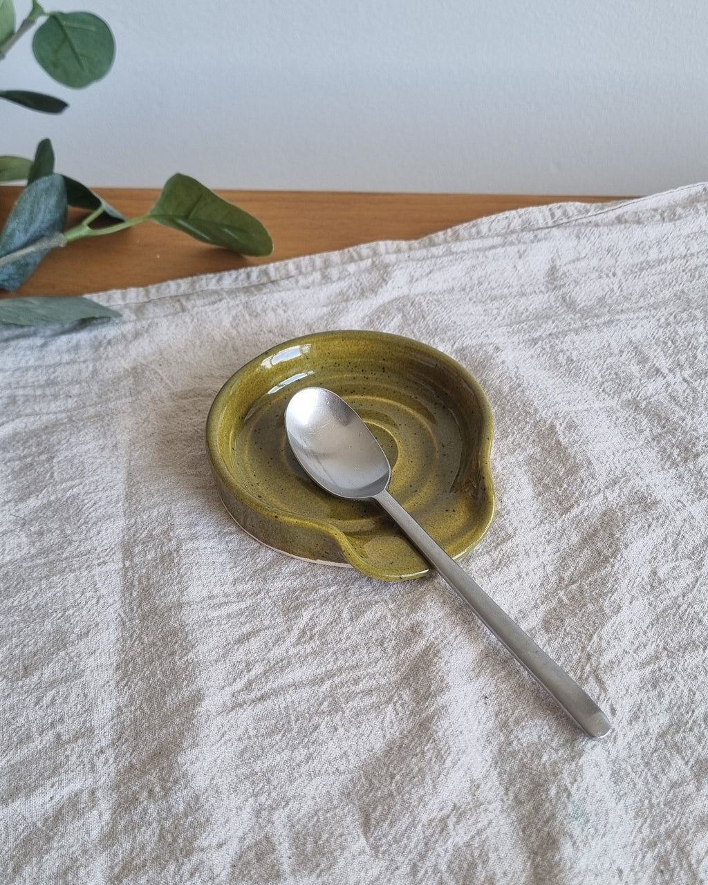 Olive Green Speckled Handmade Ceramic Spoon Rest