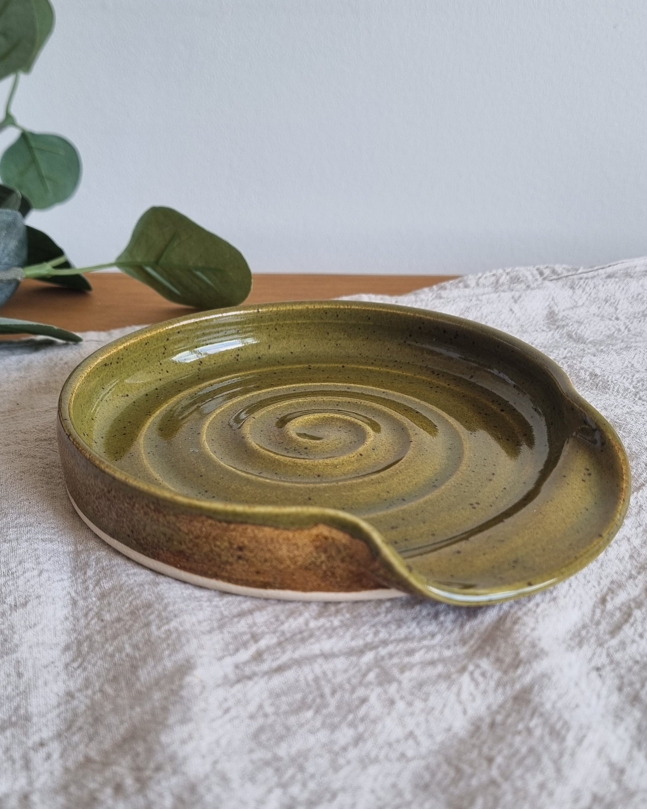 Olive Green Speckled Handmade Ceramic Spoon Rest