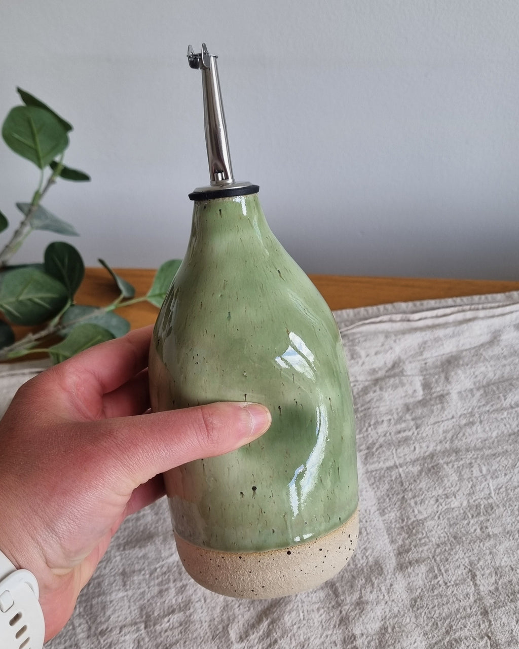 Handmade Ceramic Oil Bottle in Pastel Green Speckle
