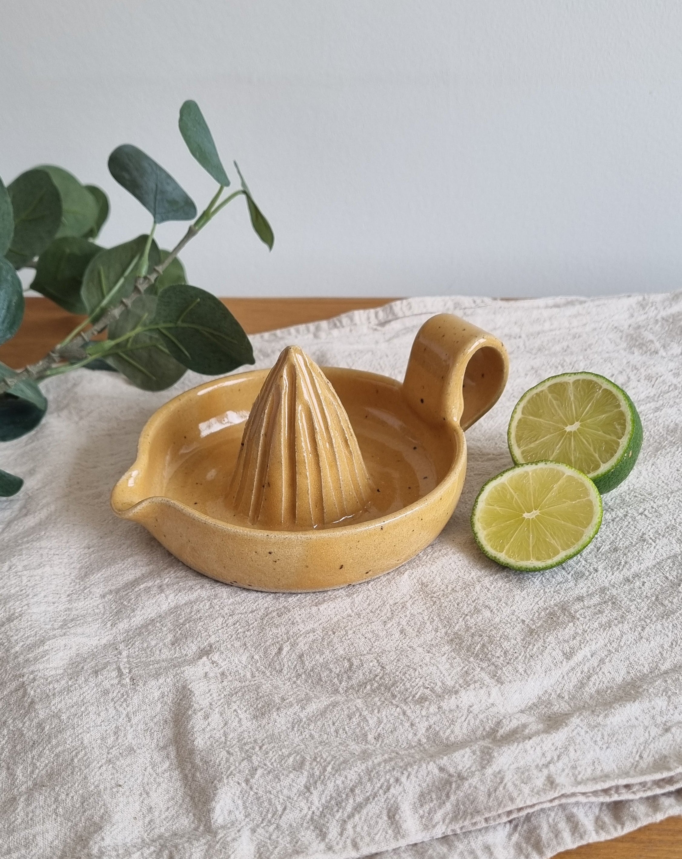 Handmade Ceramic Citrus Juicer with Handle in Golden Yellow Speckle