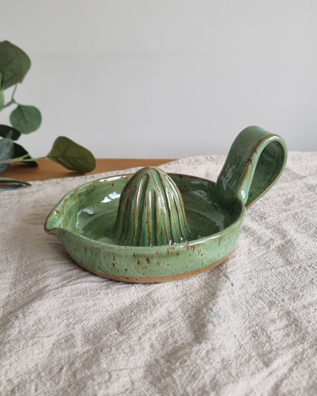 Handmade Ceramic Citrus Juicer with Handle in Green Speckle