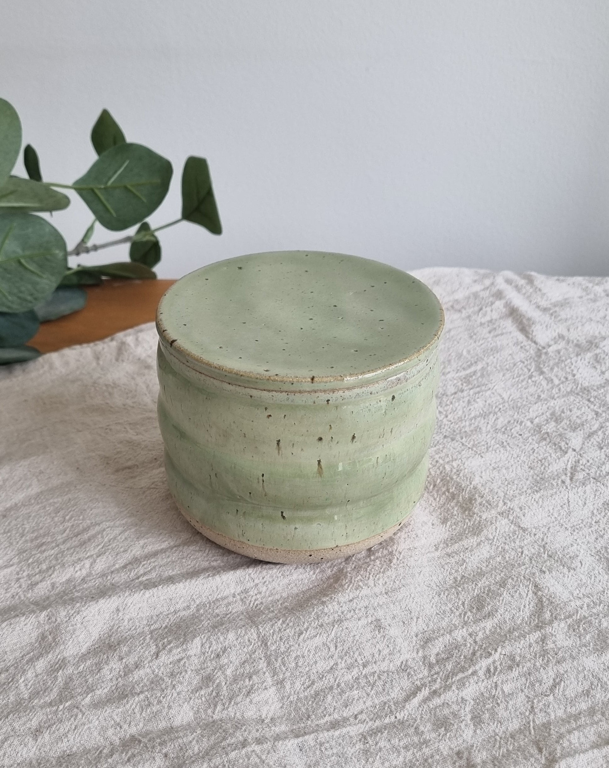 Ceramic French Butter Dish in Pastel Green Speckle