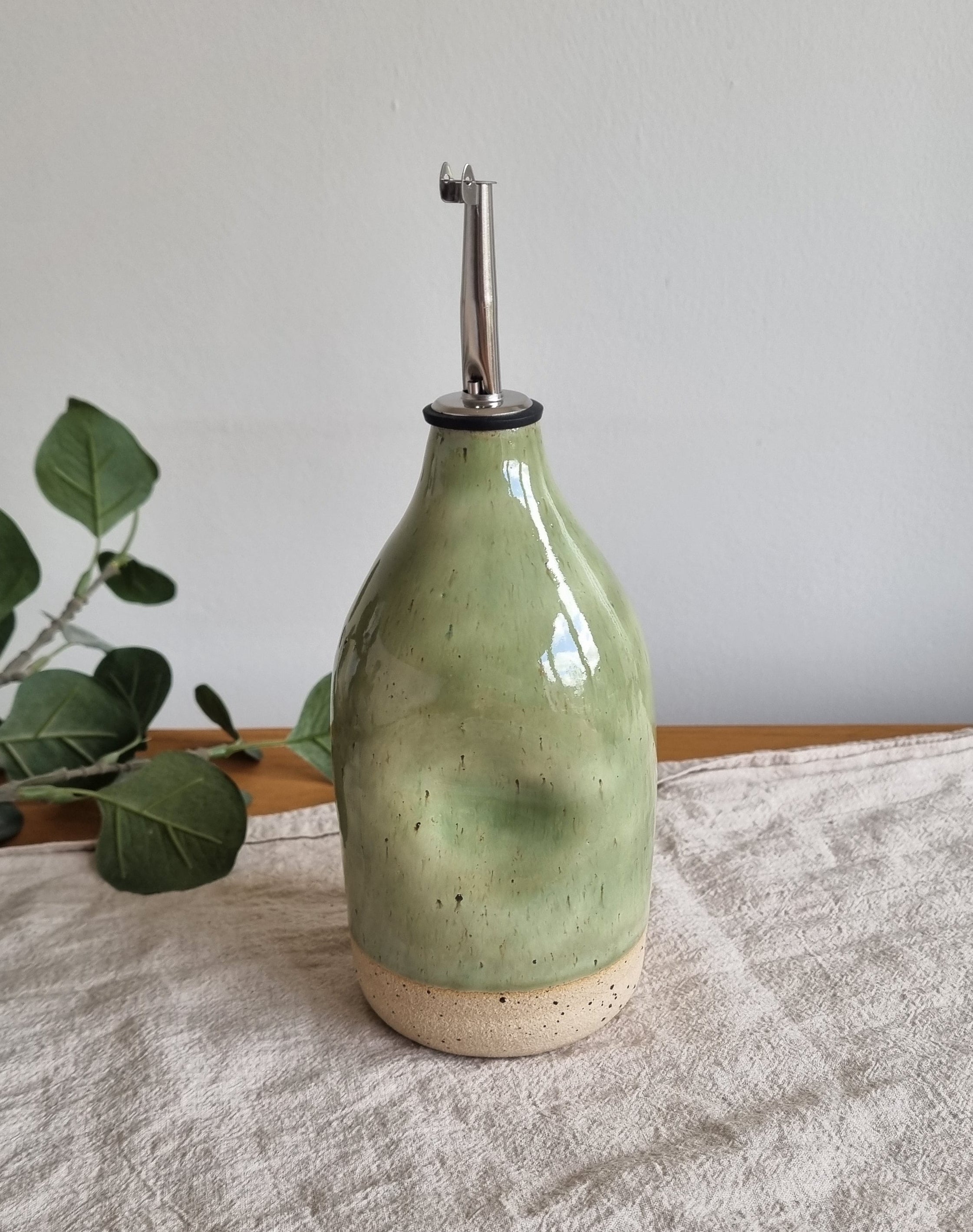 Handmade Ceramic Oil Bottle in Pastel Green Speckle