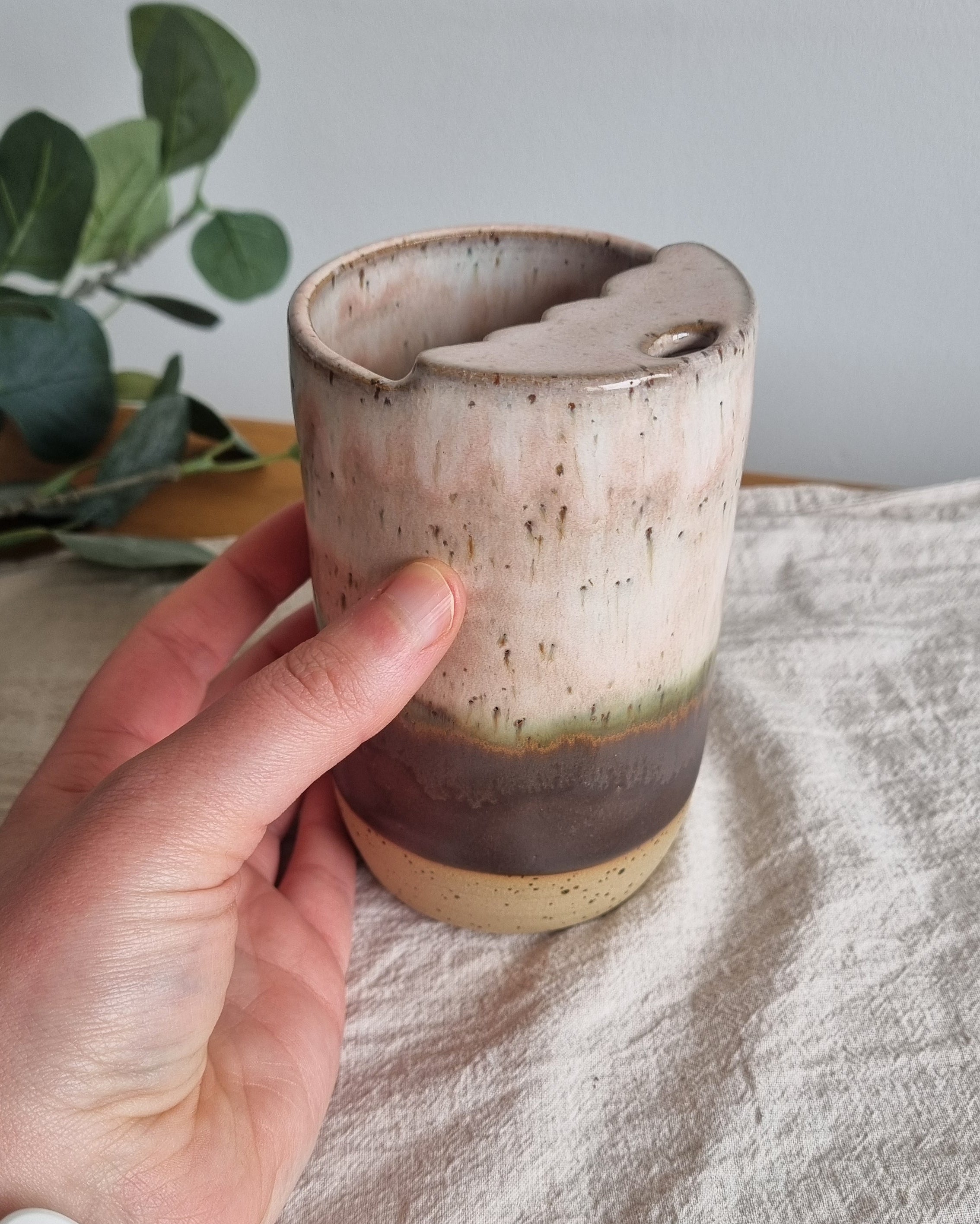 Pink and Brown Speckled Ceramic Travel To-Go Mug