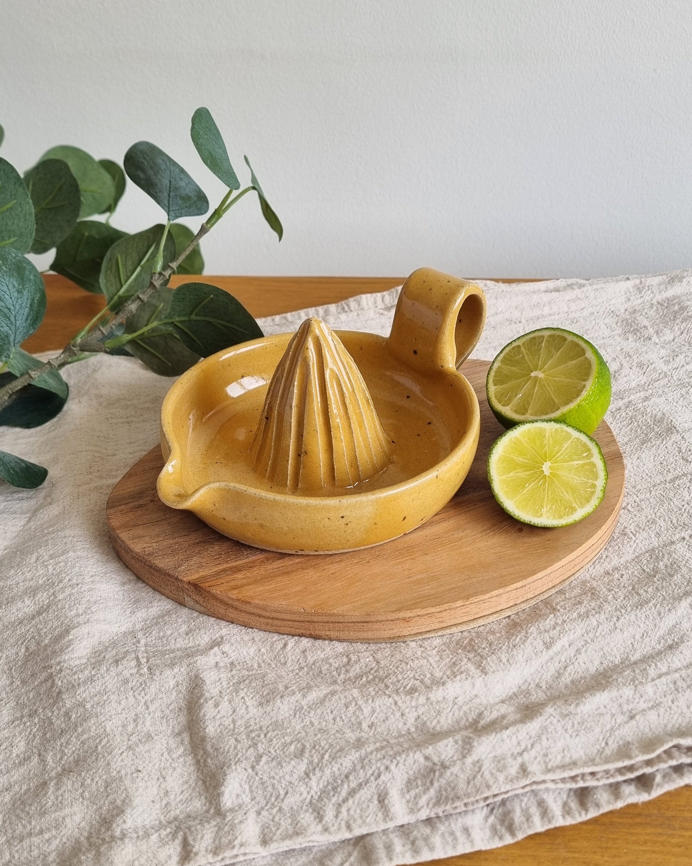 Handmade Ceramic Citrus Juicer with Handle in Golden Yellow Speckle