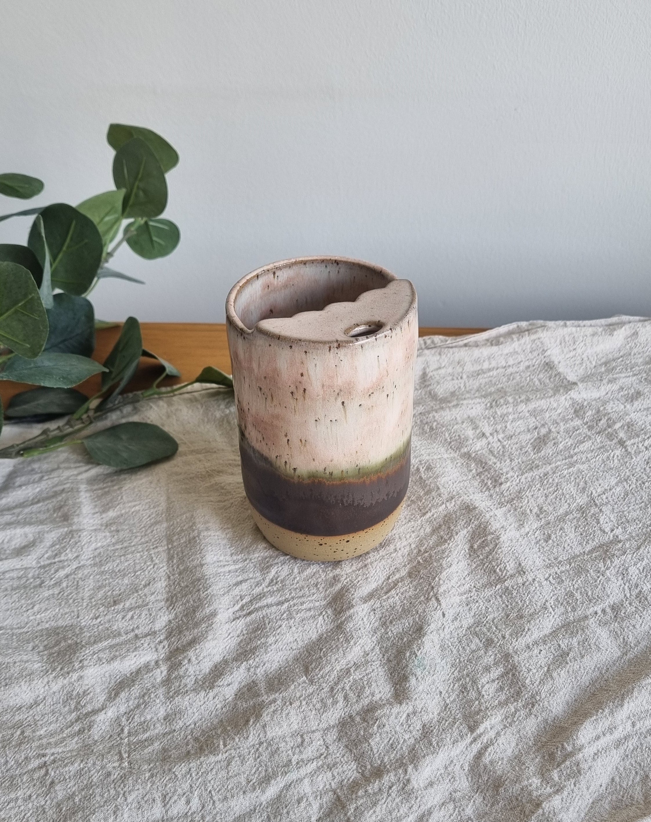 Pink and Brown Speckled Ceramic Travel To-Go Mug