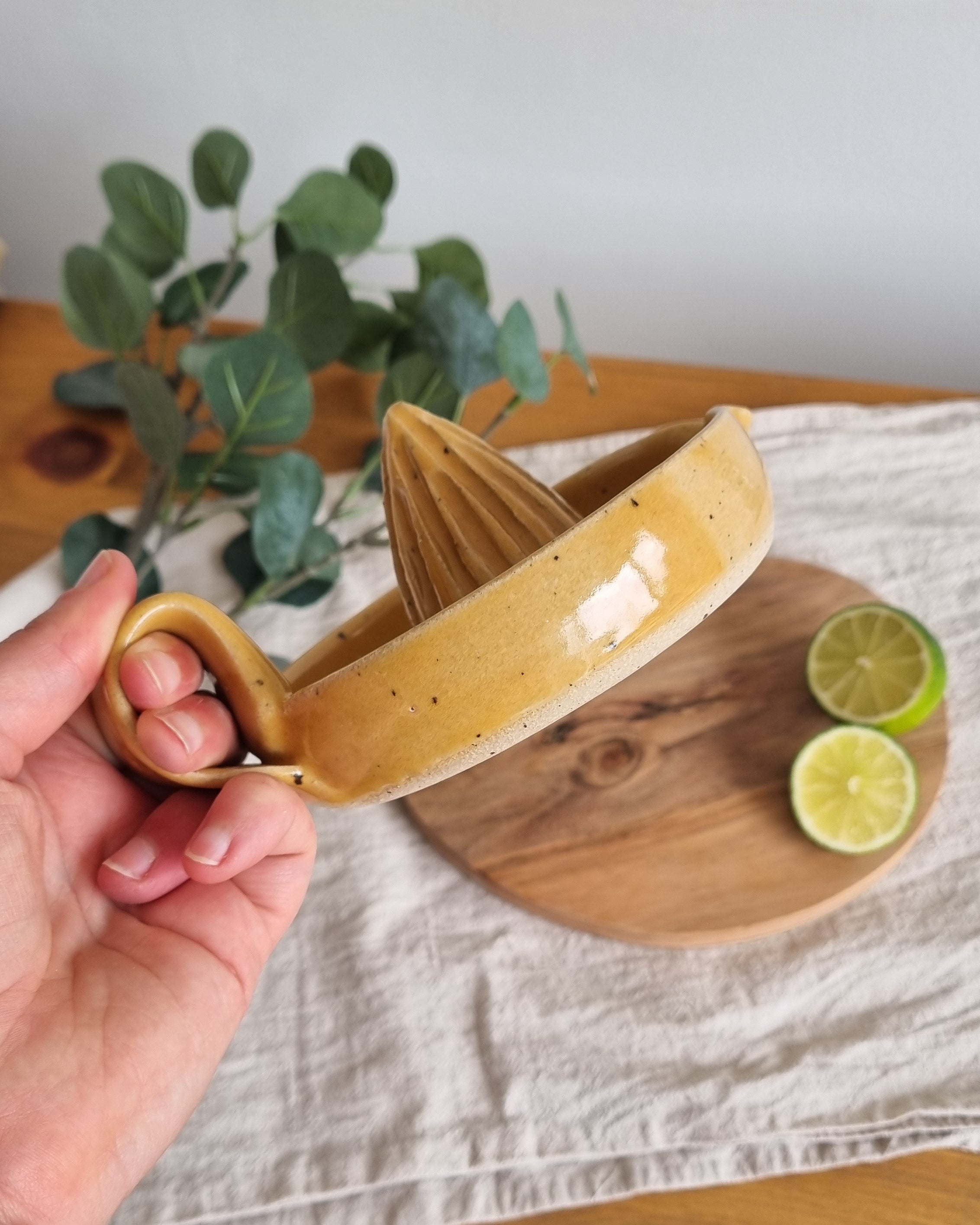 Handmade Ceramic Citrus Juicer with Handle in Golden Yellow Speckle