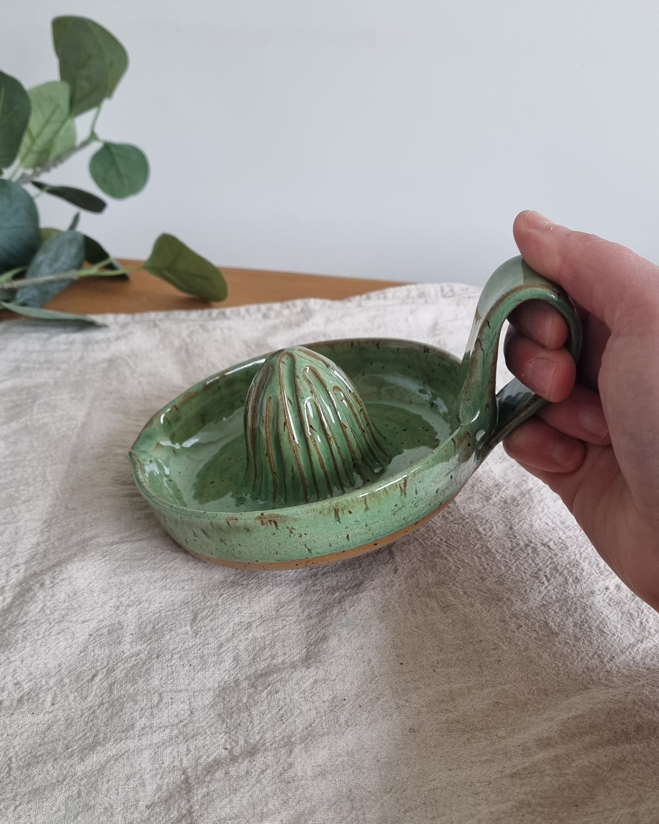 Handmade Ceramic Citrus Juicer with Handle in Green Speckle