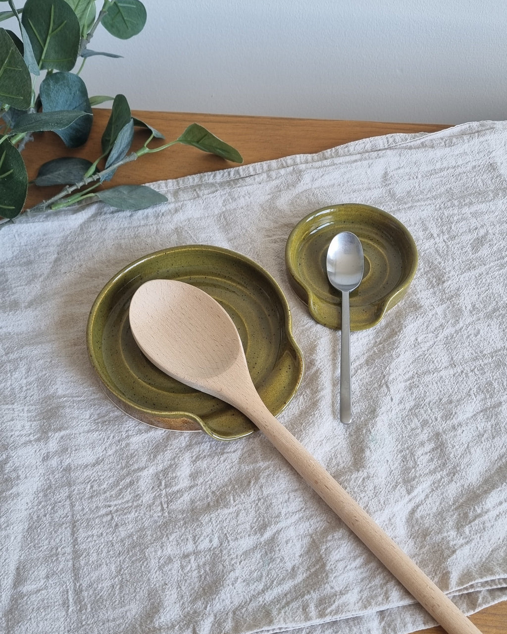 Olive Green Speckled Handmade Ceramic Spoon Rest