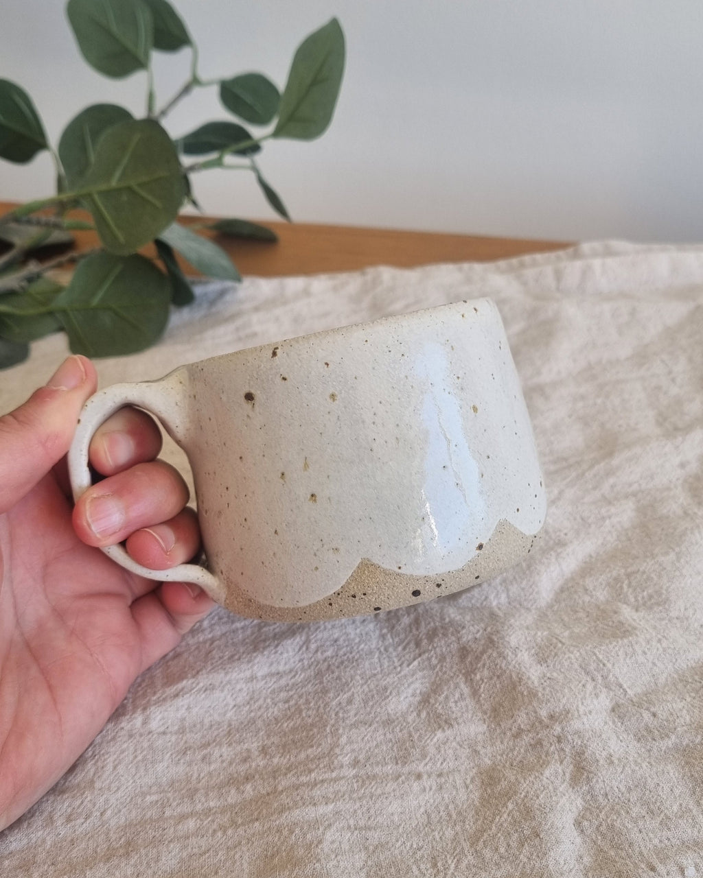White Scalloped Speckled Handmade Mug
