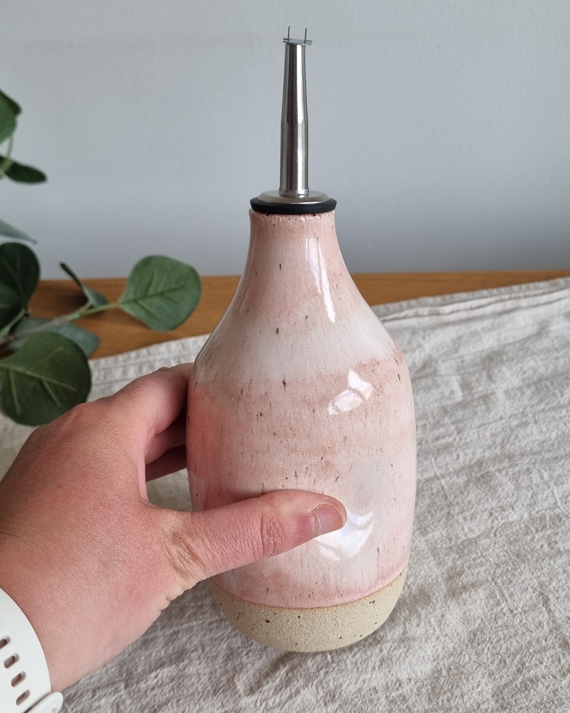 Handmade Ceramic Oil Bottle in Pink Speckle