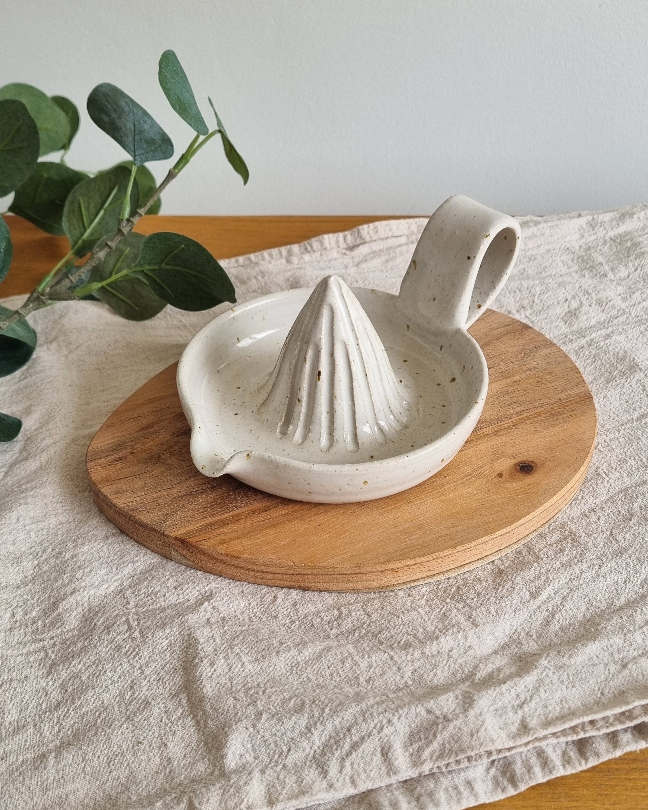 Handmade Ceramic Citrus Juicer with Handle in White Speckle