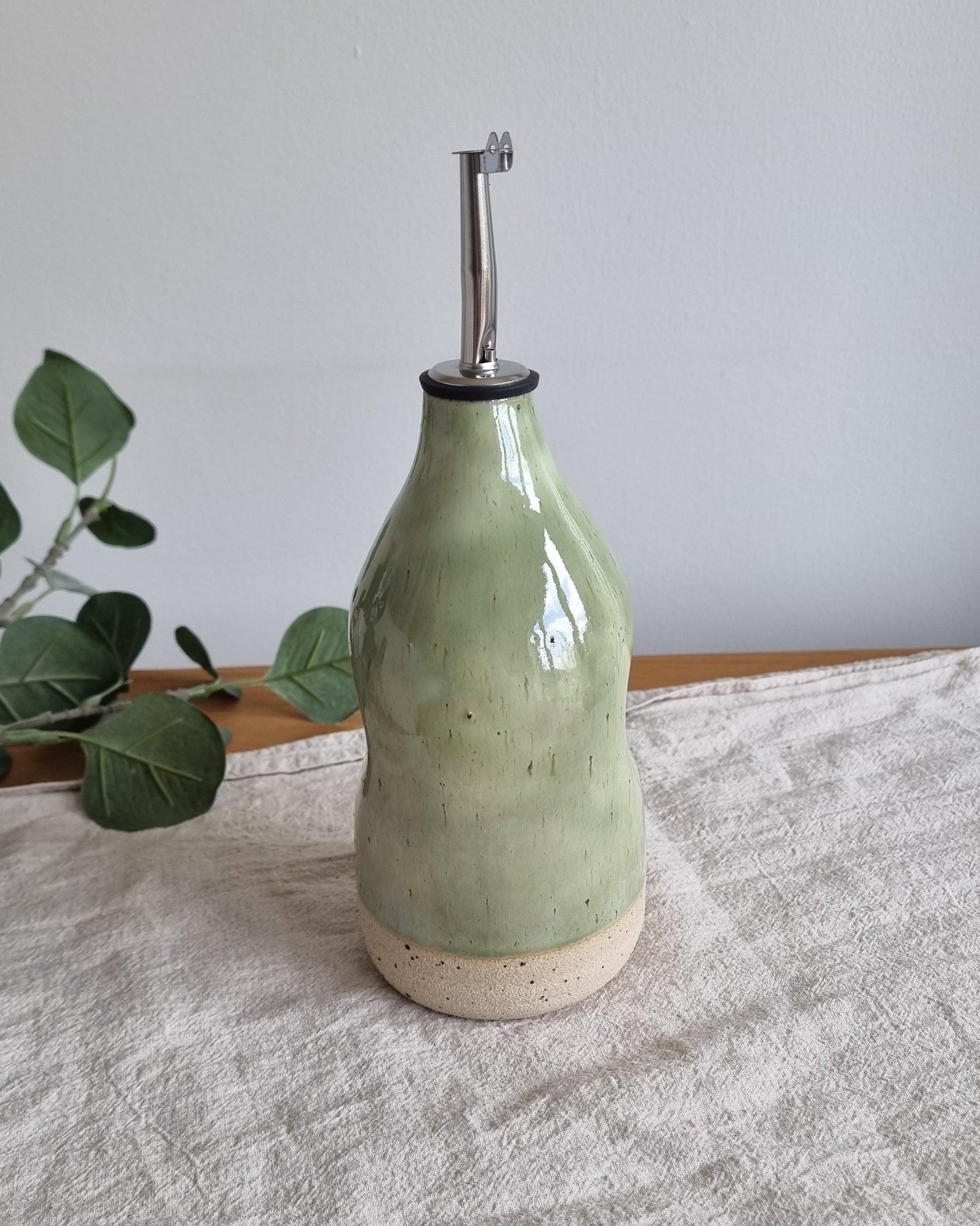 Handmade Ceramic Oil Bottle in Pastel Green Speckle