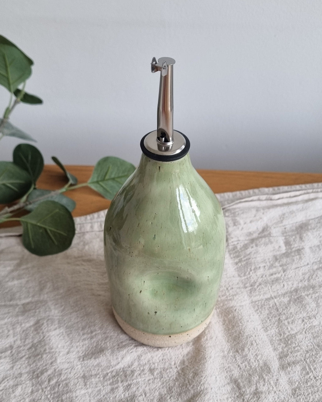 Handmade Ceramic Oil Bottle in Pastel Green Speckle