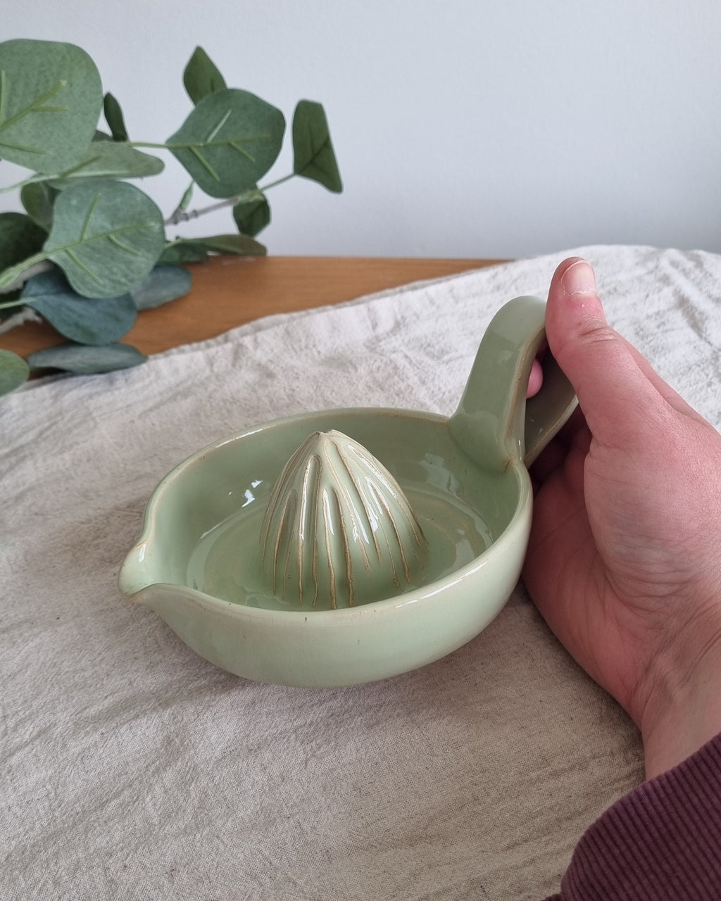 Handmade Ceramic Citrus Juicer with Handle in Pastel Green
